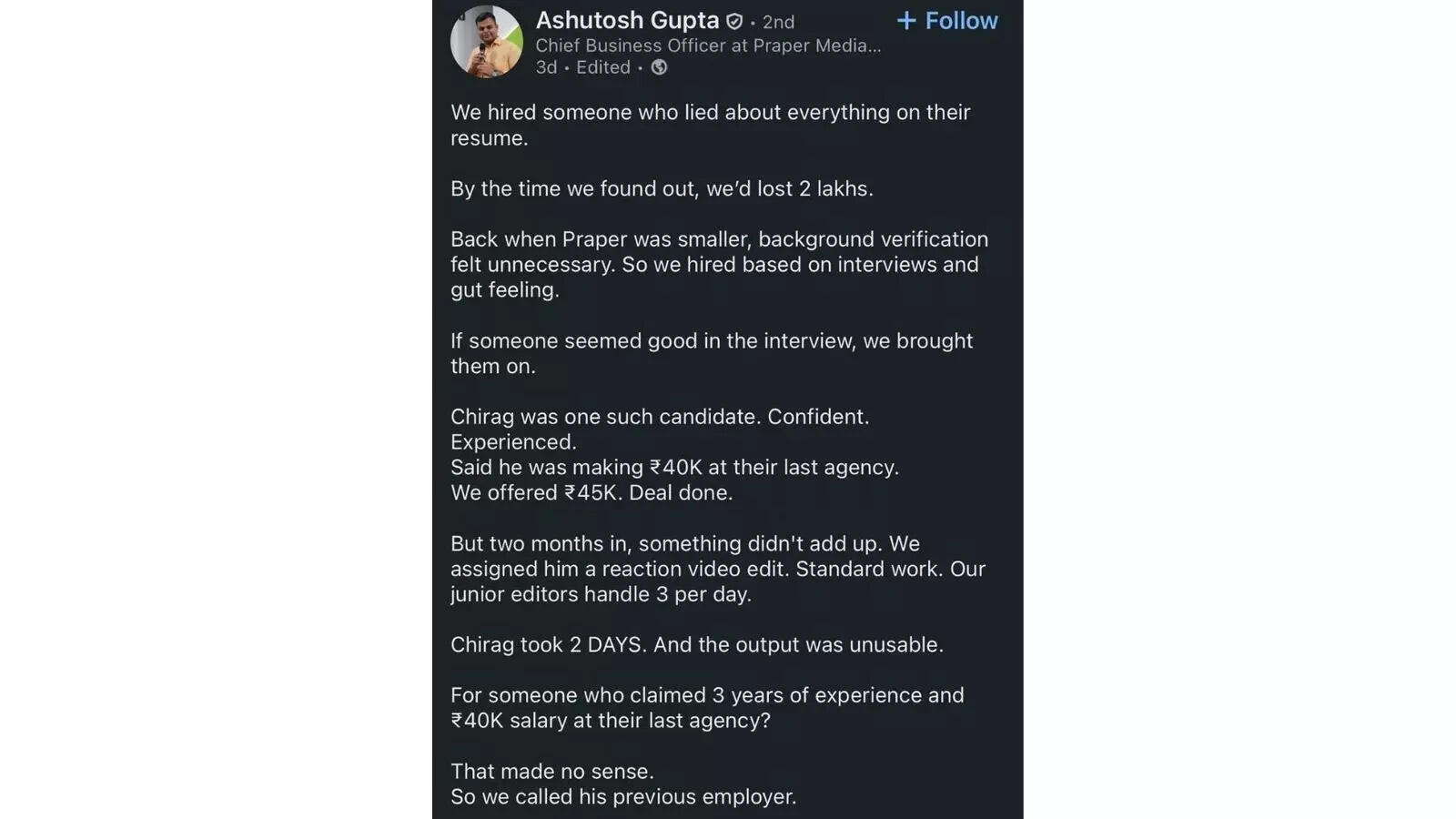 “Lied about everything on their resume…” Startup reveals how one candidate’s fake resume cost them over Rs 2 lakh