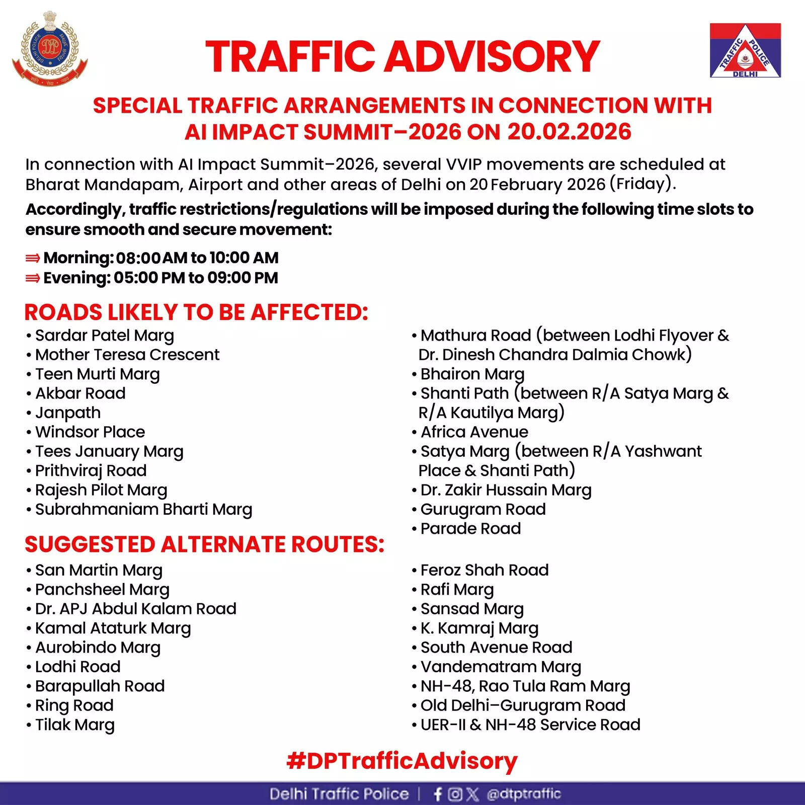 Delhi traffic police advisory