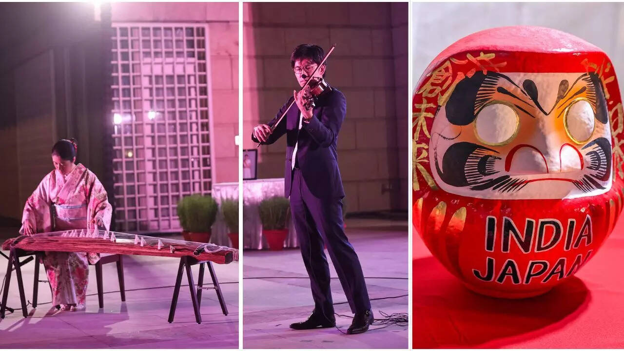 Japanese artists played the Koto (L) and violin (C), Daruma doll (R )