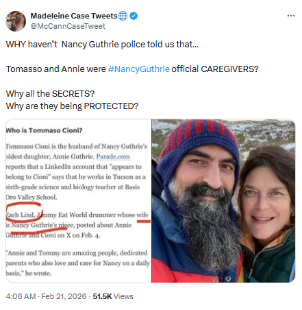 Viral claim about Annie Guthrie and Tommaso Cioni being Nancy Guthrie’s ‘official caregivers’ surface online <br>