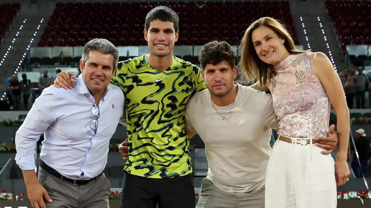 Carlos Alcaraz of Spain with his father Carlos Srr, his mother Virginia Garfia and brother Alvaro Alcaraz