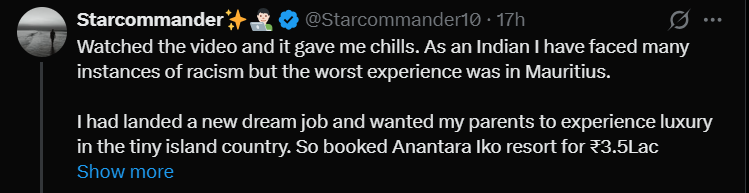 தொழில்நுட்ப விமர்சகர் சொகுசு மொரிஷியஸ் ரிசார்ட்டில் தங்கியிருந்தபோது இனவெறியைக் கூறுகிறார்