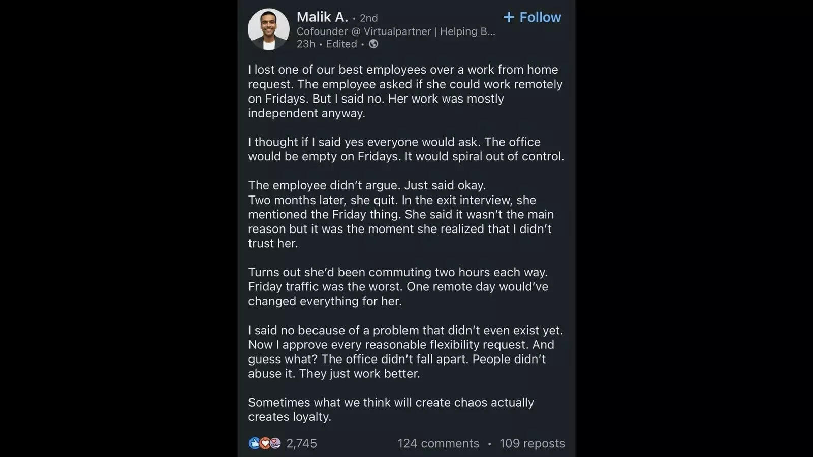 Indian-origin founder admits denying WFH request cost him his ‘best employee’ – here’s what happened