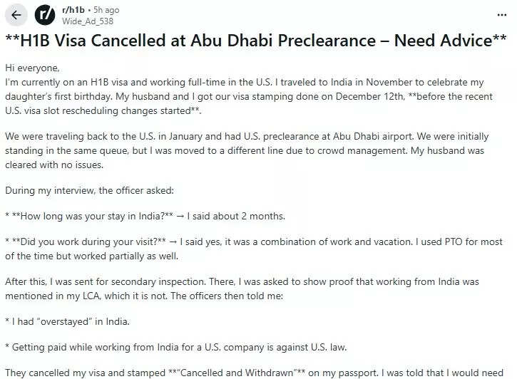 Redditor says her H-1B visa was canceled at Abu Dhabi preclearance and she was told it was illegal to get salary from US company while working in India.