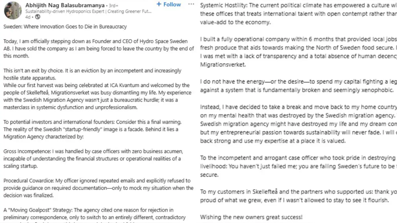 In his post, Balasubramanya said that while his company’s products were welcomed locally, he faced repeated obstacles from Sweden’s Migration Agency, Swedish Migration Agency (Migrationsverket), which oversees residence and work permits.