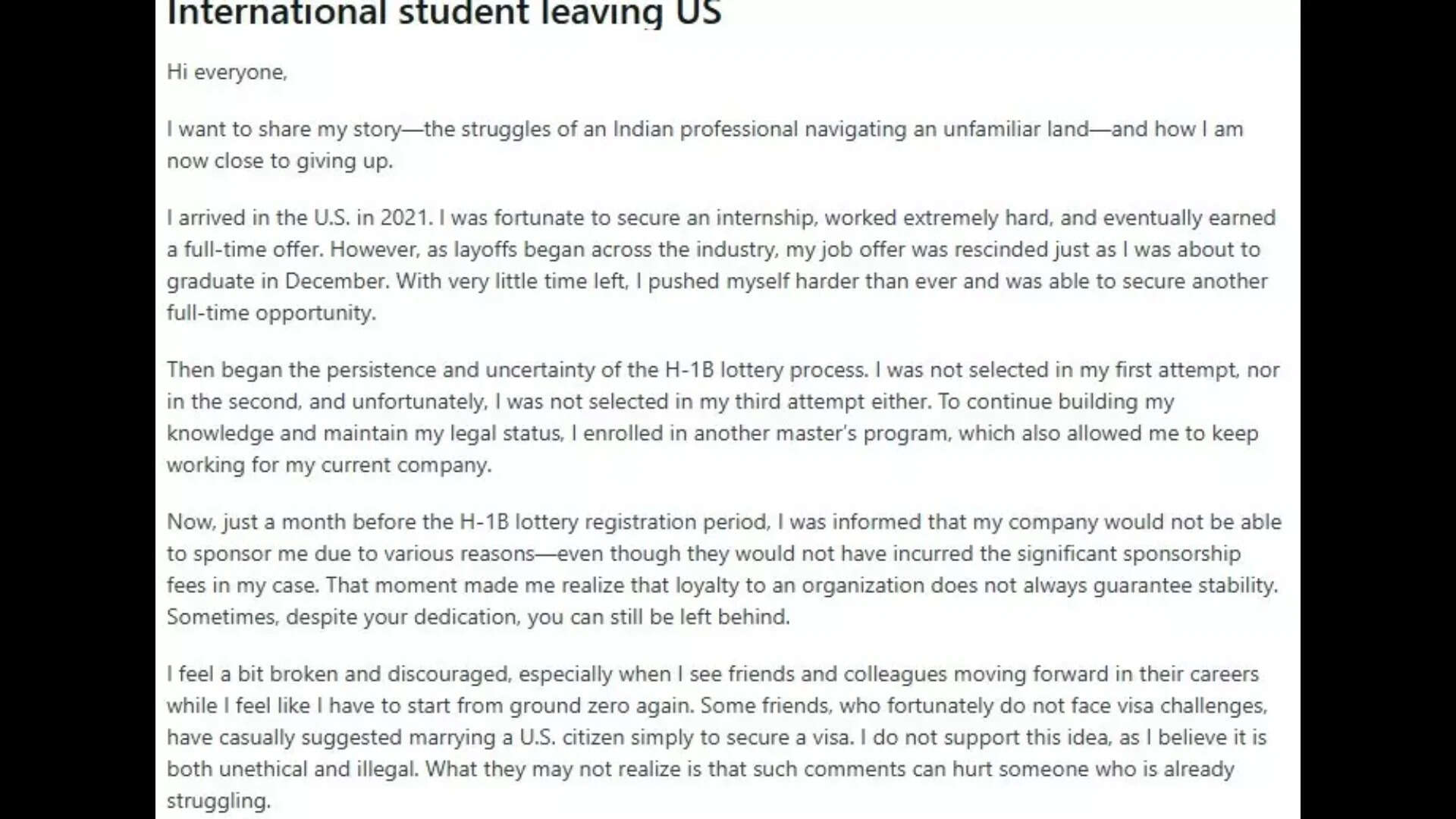 Indian Redditor explains what happens when one professional does not get picked up in the H-1B visa lottery.
