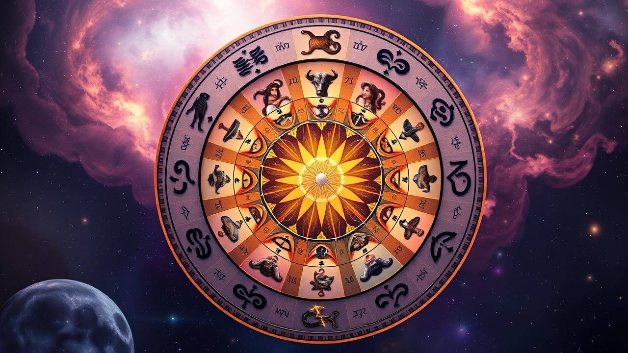 I visualize each zodiac sign manifesting its desires through unique practices, within a cosmic wheel of energy. Zodiac Wheel of Manifestation