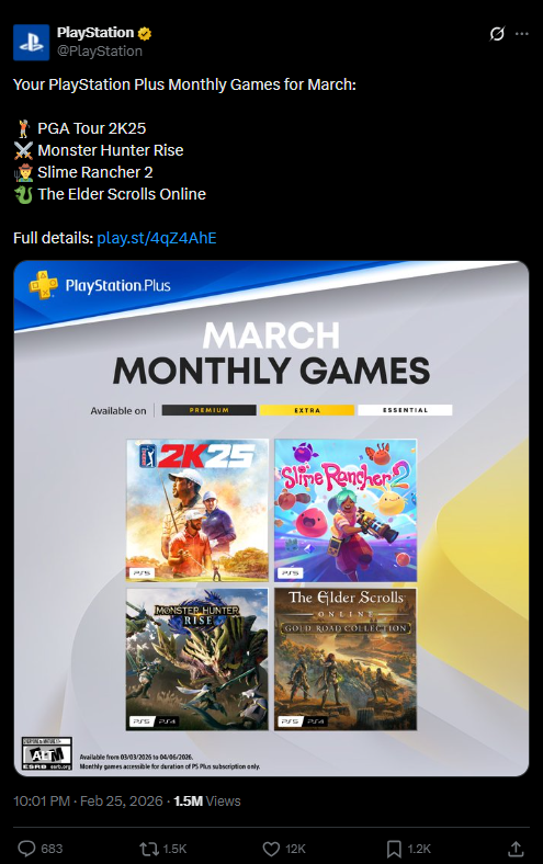 PlayStation Plus monthly games announced for March with four titles (Image Source - X/PlayStation)