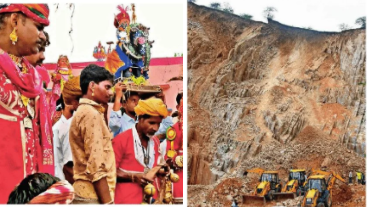 Men of the Bhil community perform the annual Gawari dance (left) themed around the message of conservation of forests and the Aravallis; (Right) Illegal mining and hill-cutting in the Aravallis have long posed a threat to the range