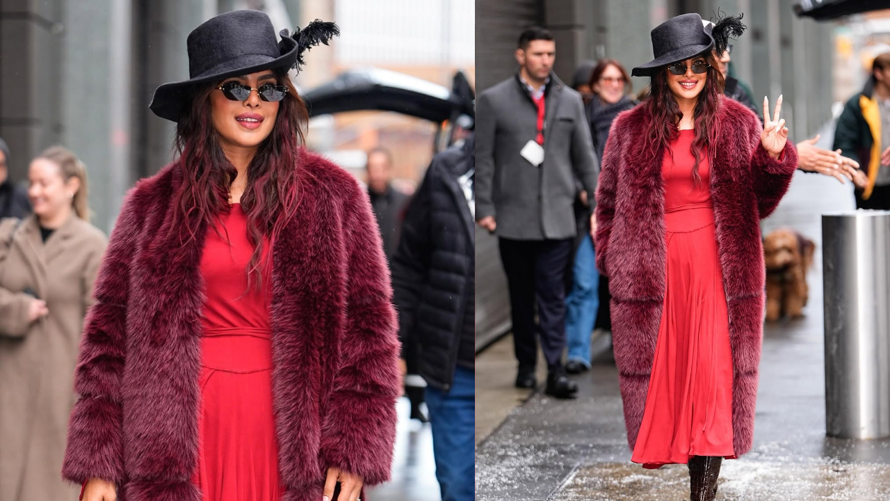 (Image Credits: Instagram) Priyanka Chopra’s Burgundy Fur & Feather Hat Look