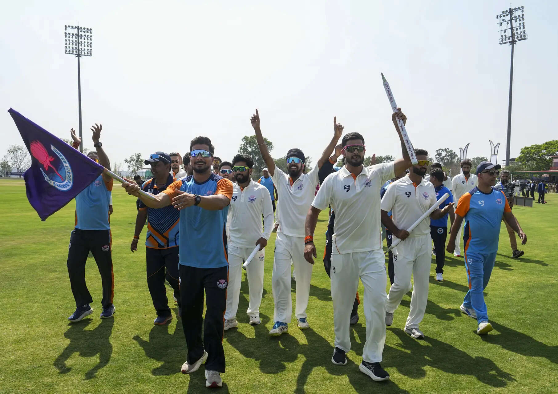 Jammu and Kashmir's Yudhvir Singh, Auqib Nabi and others celebrate after winning the Ranji Trophy 2025-26 final. (PTI) Ranji Trophy Final: J-K wins