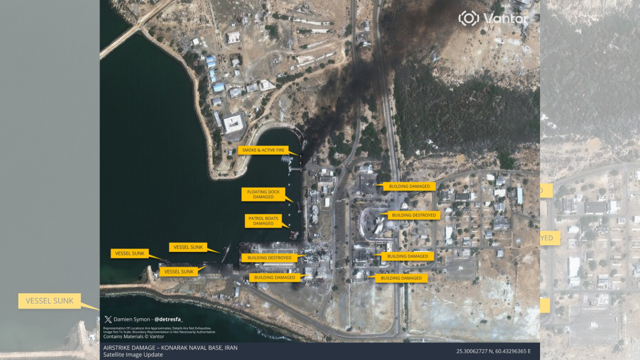 Overview of destroyed vessels and facilities at the Konarak Naval Base, Iran on March 1, 2026. (AP photo)
