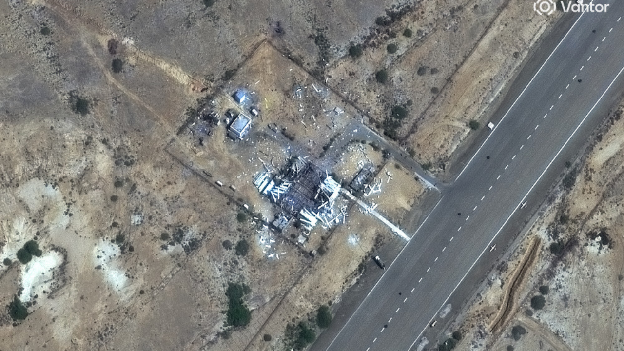 Damaged drone buildings a the Konarak drone base. (AP photo)