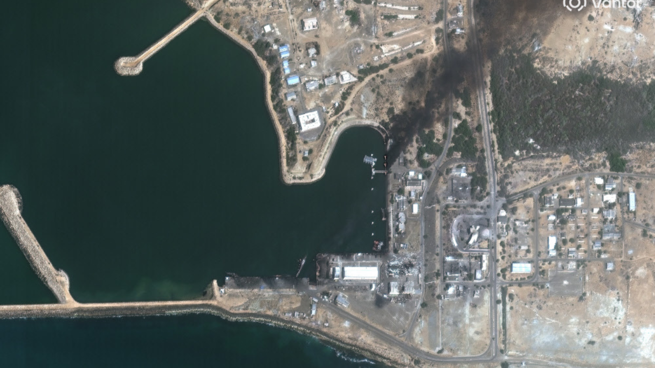 Destroyed vessels and facilities at the Konarak Naval Base, Iran, (AP photo)