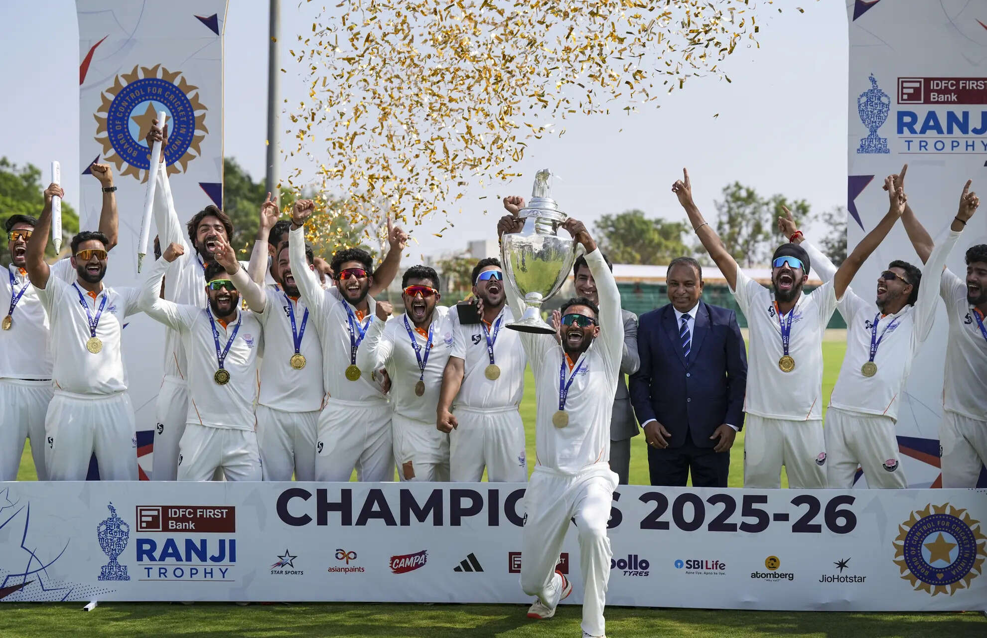 Jammu and Kashmir's captain Paras Dogra and others celebrate with the tournament trophy after winning the Ranji Trophy 2025-26 final cricket match against Karnataka, at KSCA Stadium, in Hubballi, Dharwad district. (PTI Photo/Shailendra Bhojak) (PTI02_28_2026_000333A)(PTI03_01_2026_000561A) PTI's Best Photos of the Week