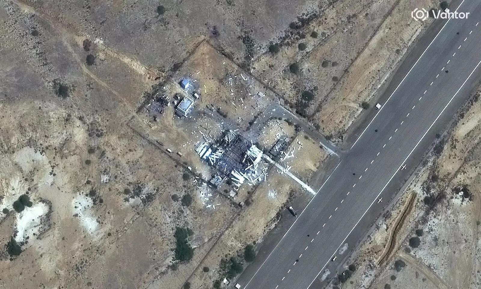 In this satellite image provided by Vantor, damaged drone buildings a the Konarak drone base (Satellite image Vantor via AP) ,