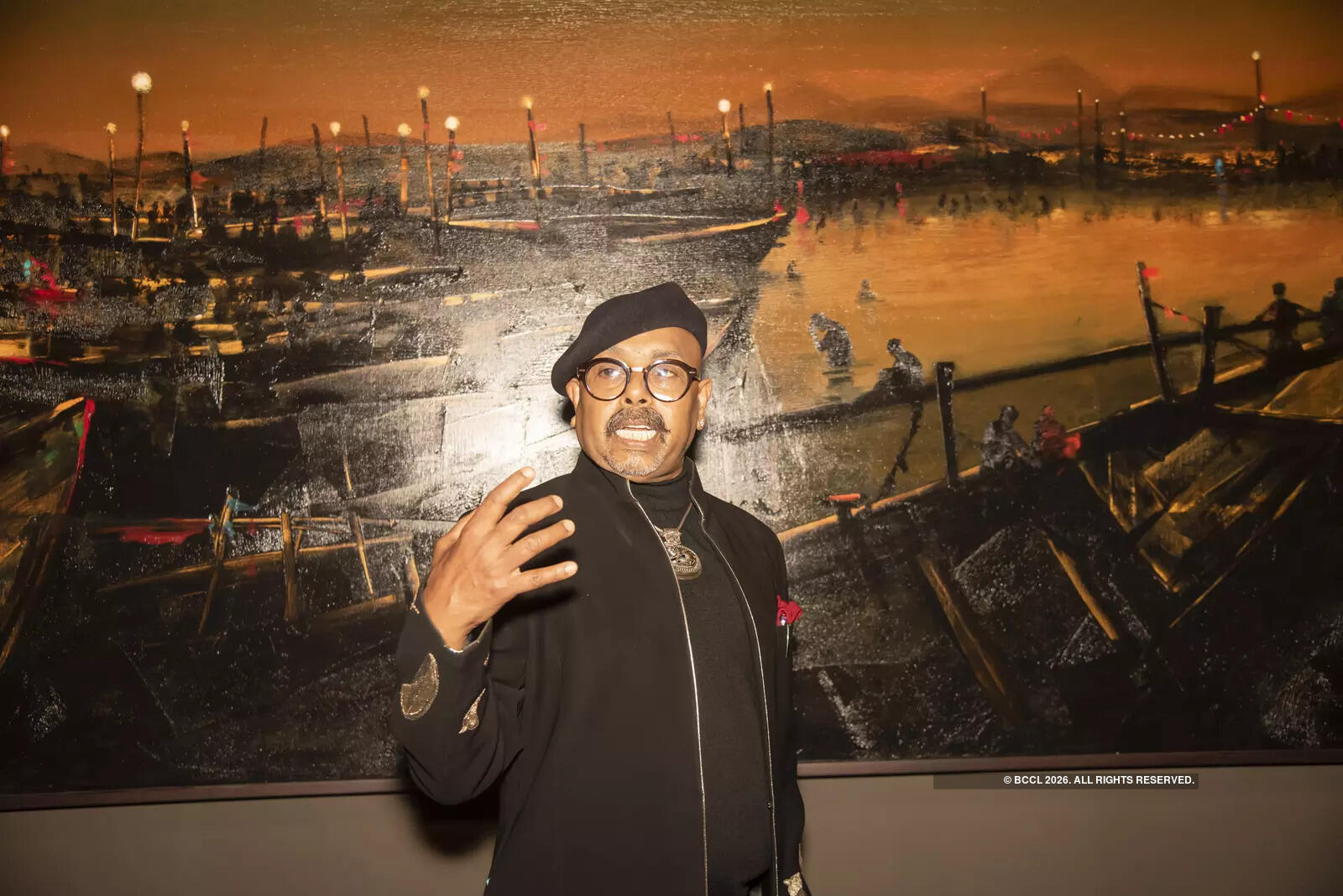 Among the highlights is a 45-ft-wide canvas capturing an early morning scene at the Mahakumbh, an artwork that held visitors in quiet contemplation