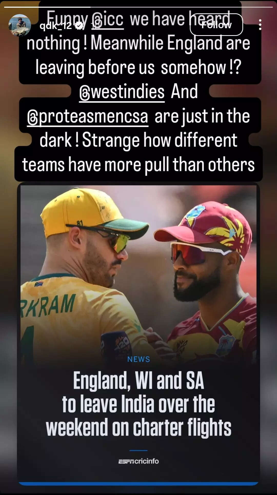 Quinton de kock's insta story