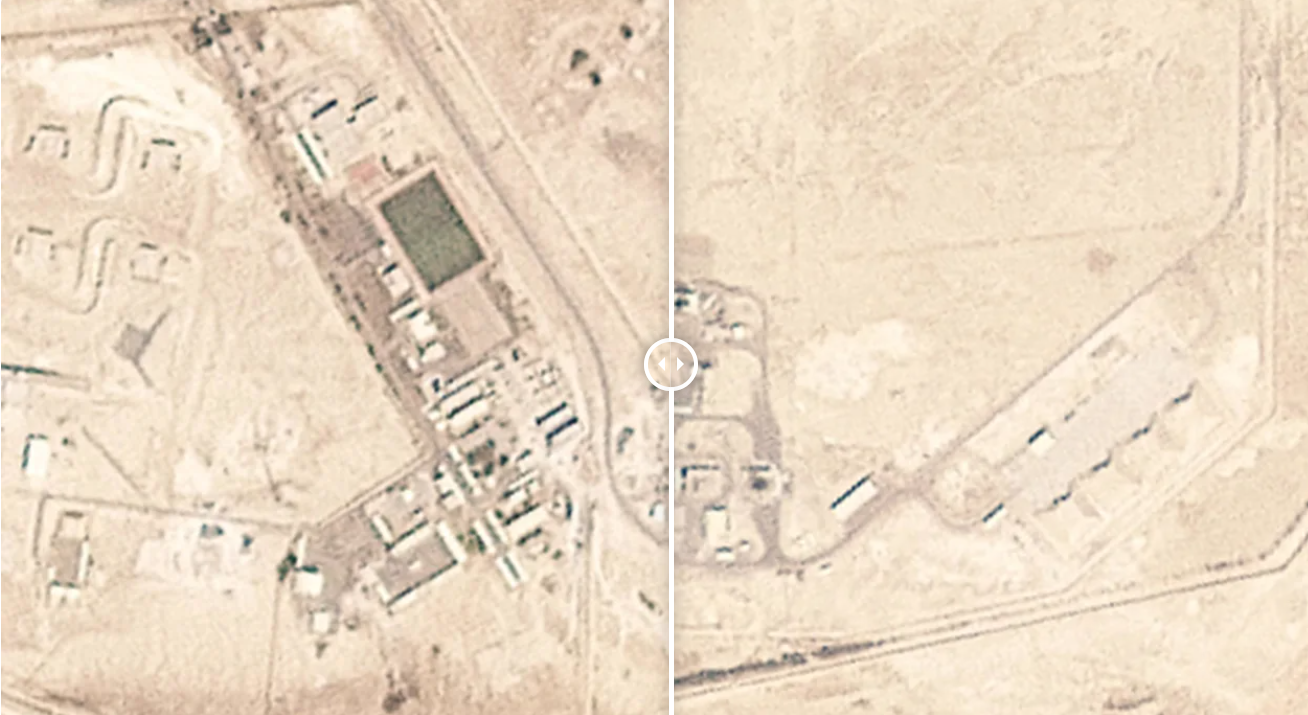 Before and after photos of damage at UAE's Al Sader base (Planet Labs)