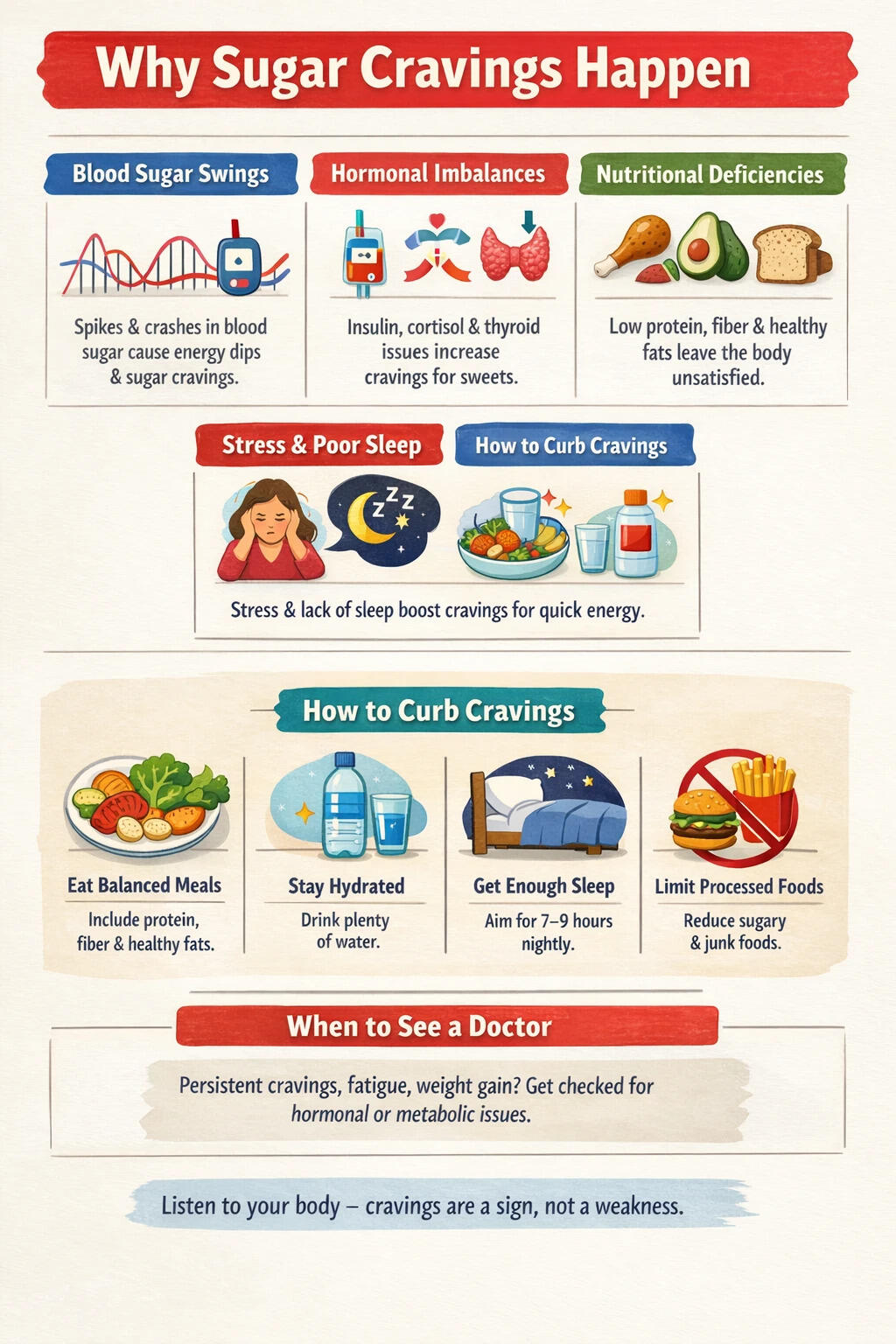 Stabilising meals, improving sleep, and reducing processed foods can help control cravings, while persistent symptoms may require medical evaluation. Sugar control
