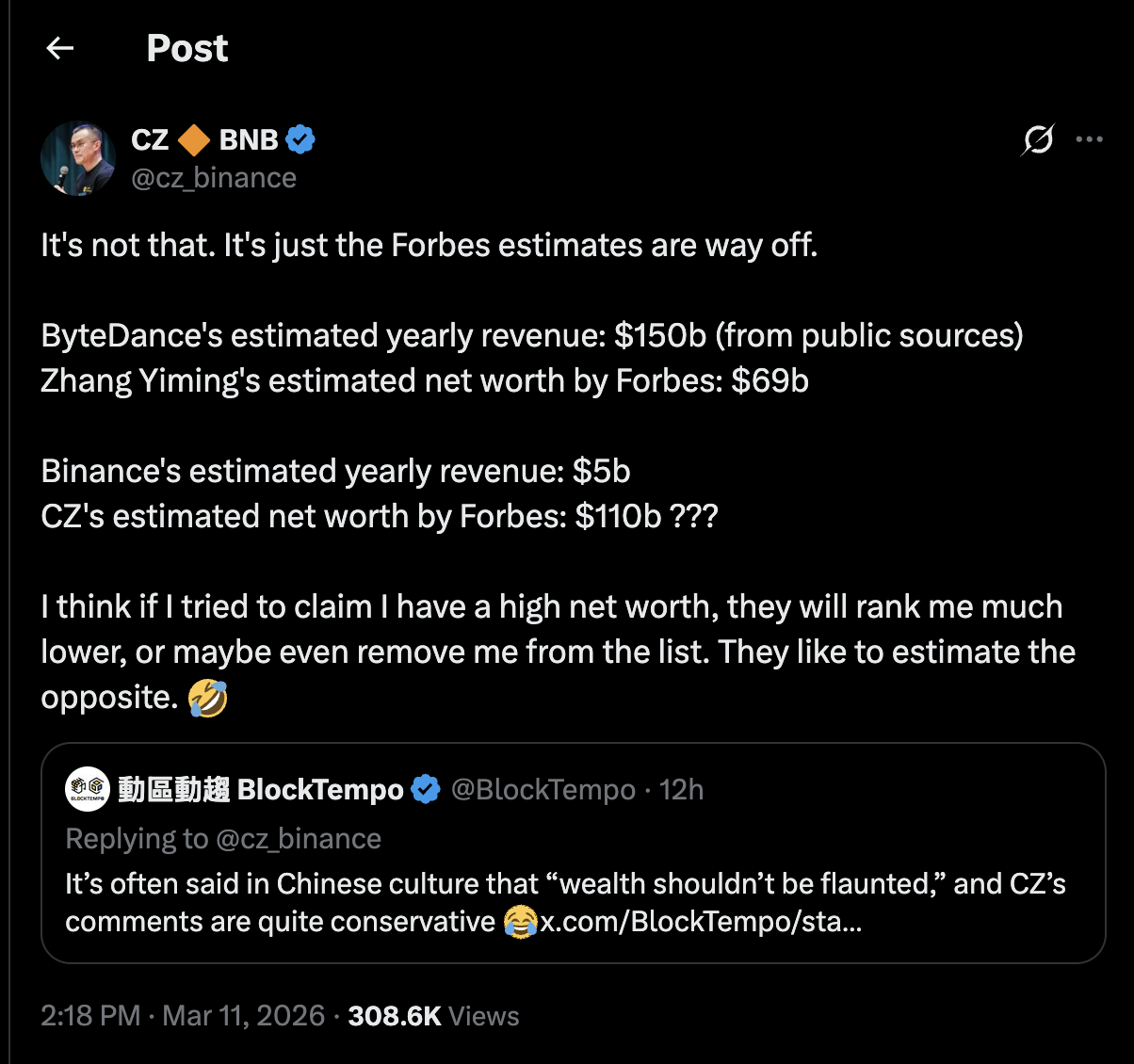 CZ explains why Forbes Billionaires Index may be wrong