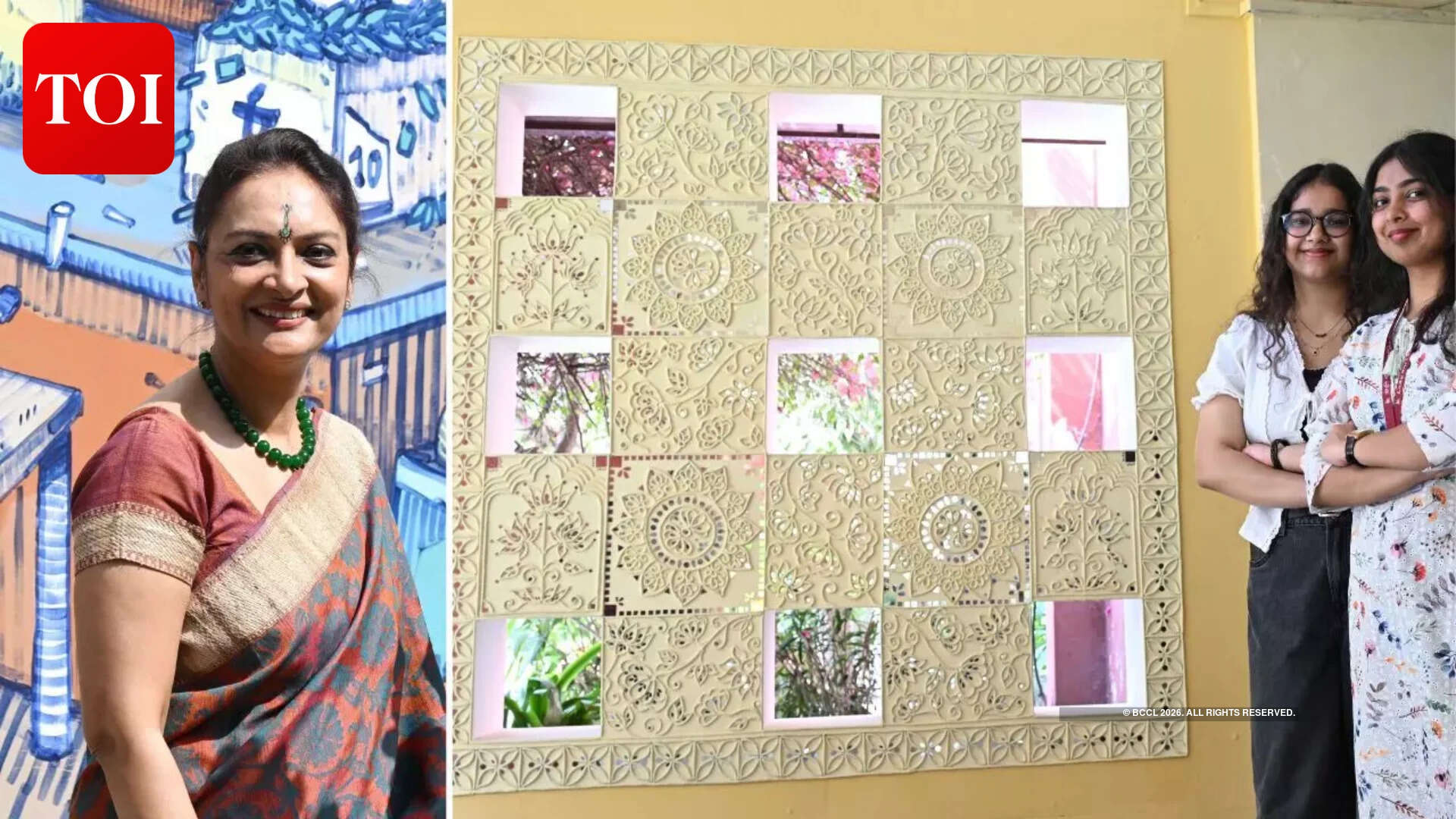 Prof Kanika Ahuja (L), principal of LSR, students of Hive (R), the fine arts society withe Lippan Art Wall