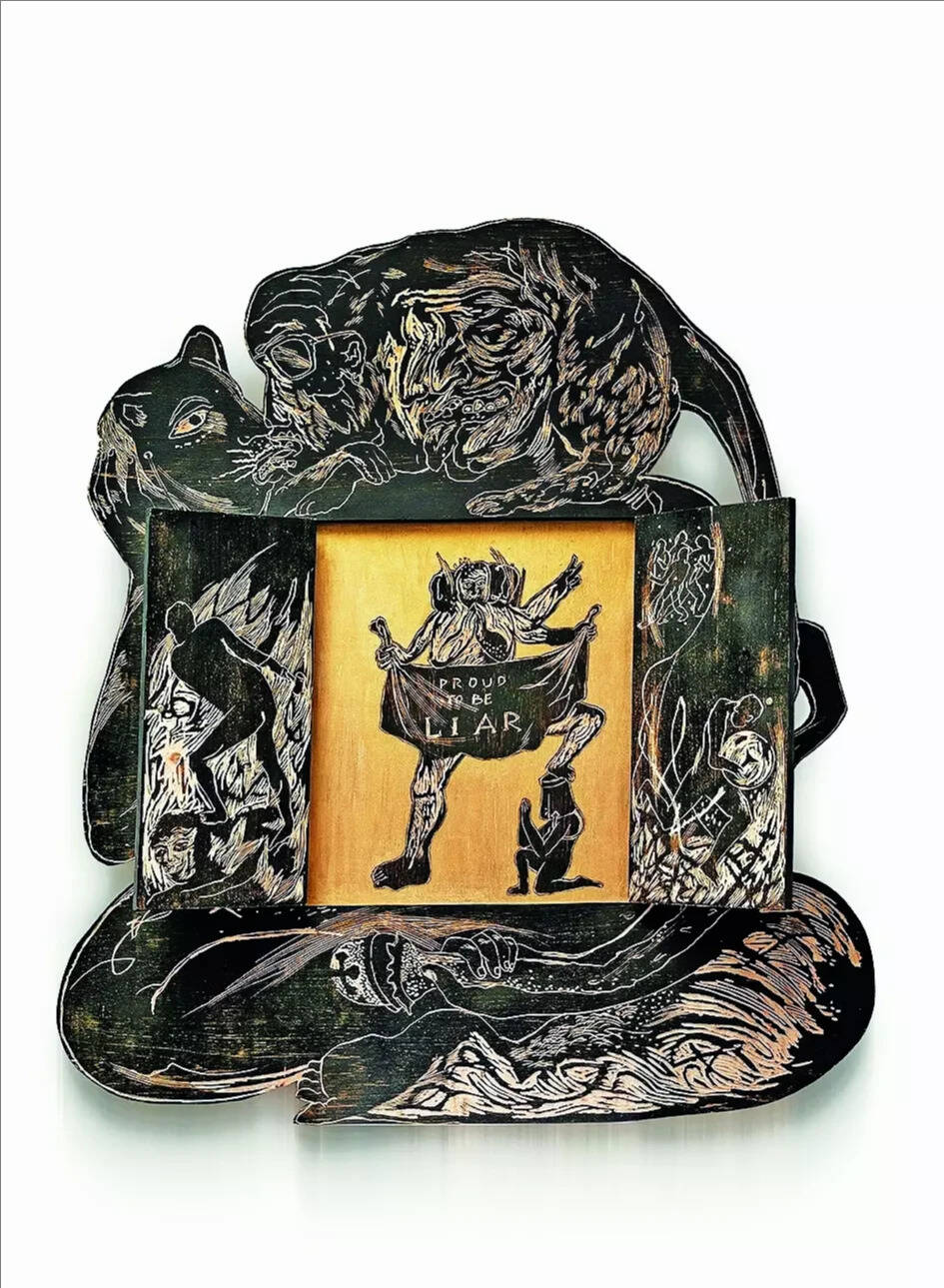 Proud to be liar, a woodcut sculpture by Arpan Sadhukhan