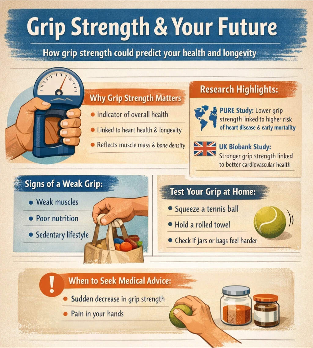 A simple home check using a tennis ball or daily tasks like opening jars can offer clues, though it should not replace medical evaluation. Sudden decline in grip strength or hand pain should prompt medical consultation. grip strength