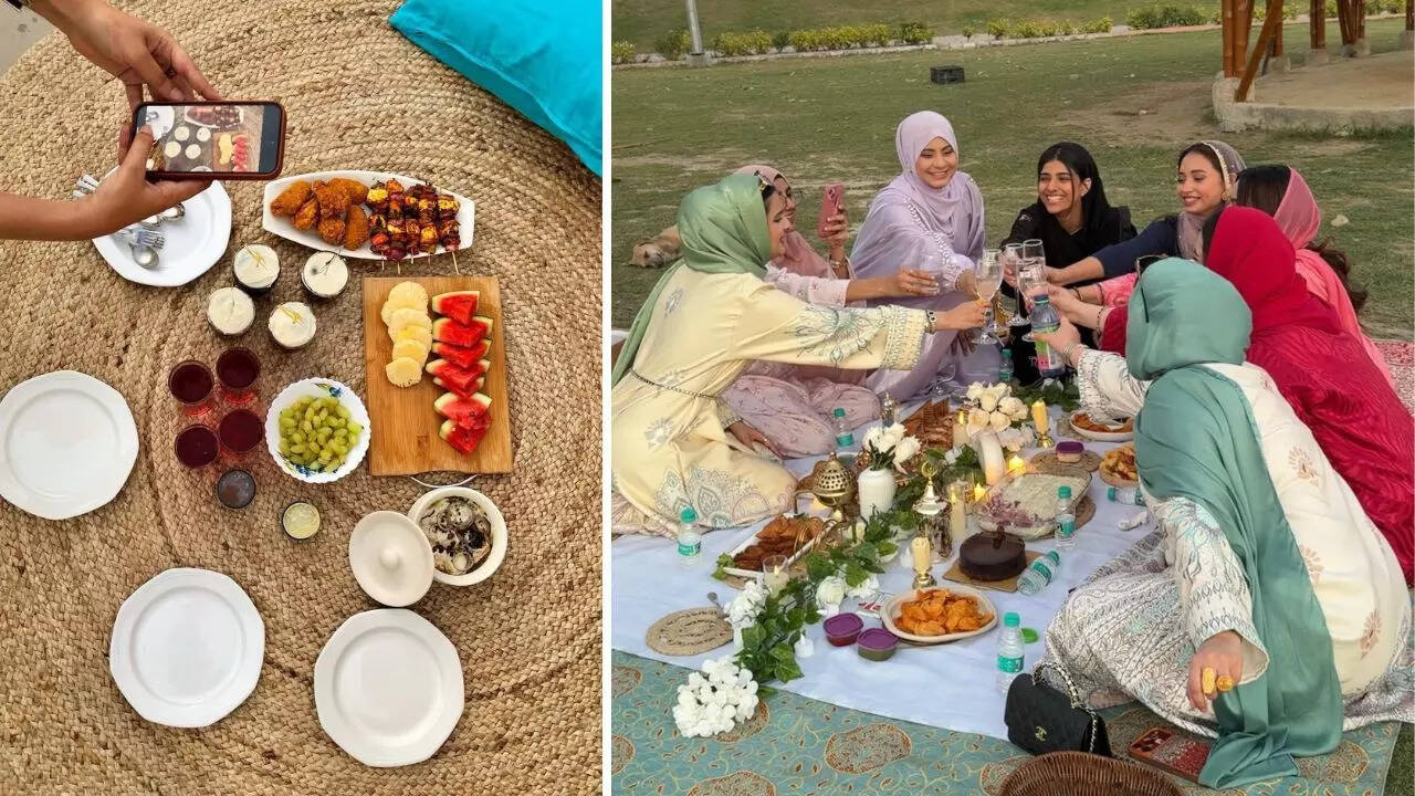 @layba_ahmad, @muskan_2212) Food spreads include fruits, dates, pakoras, chaat, dahi bade, cupcakes, sandwiches and drinks like roohafza and lemonade