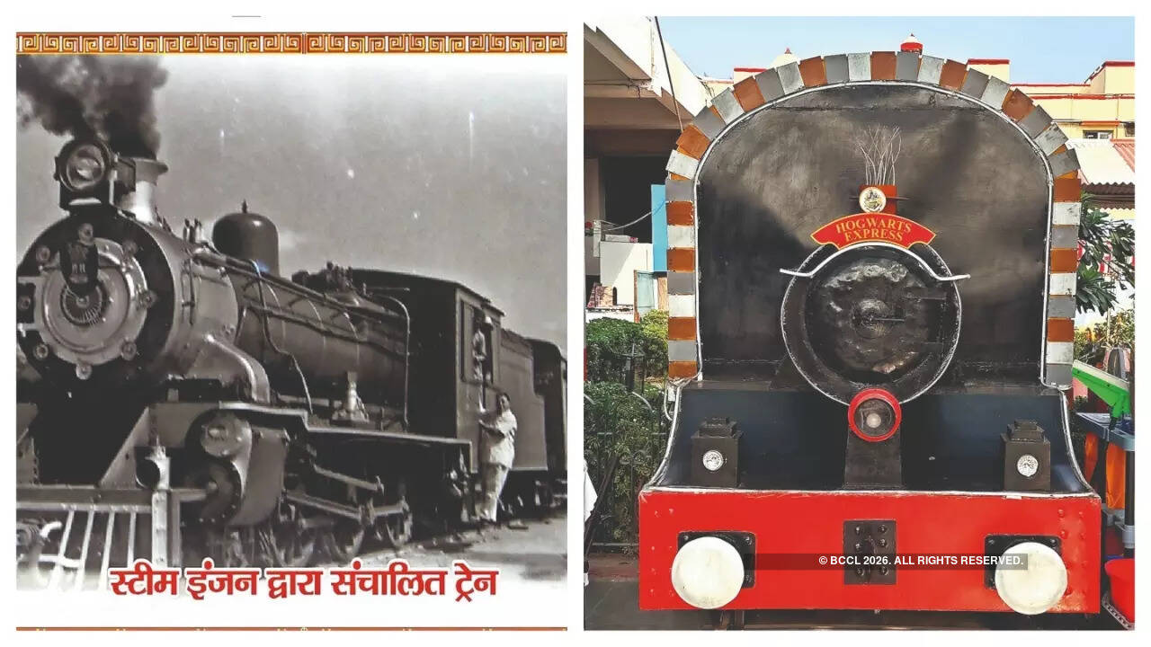 (L) Photographs such as this one have been displayed showing the historical evolution of the station (R) A special surprise for  Harry Potter Fans is a replica of the Hogwarts Train set up at the station