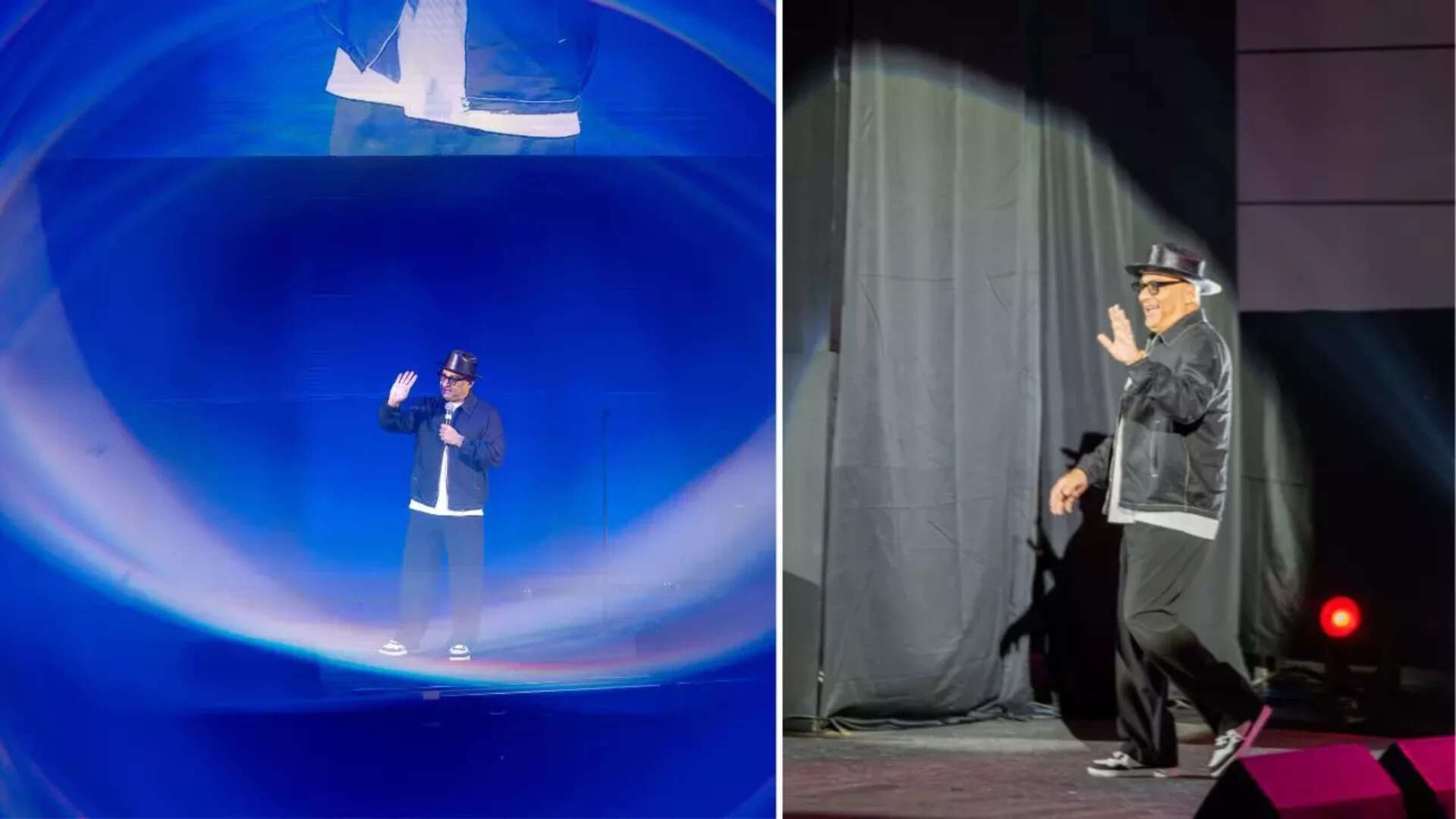 He entered to an upbeat tune and a roar of applause, dressed in a shiny black hat and chunky glasses