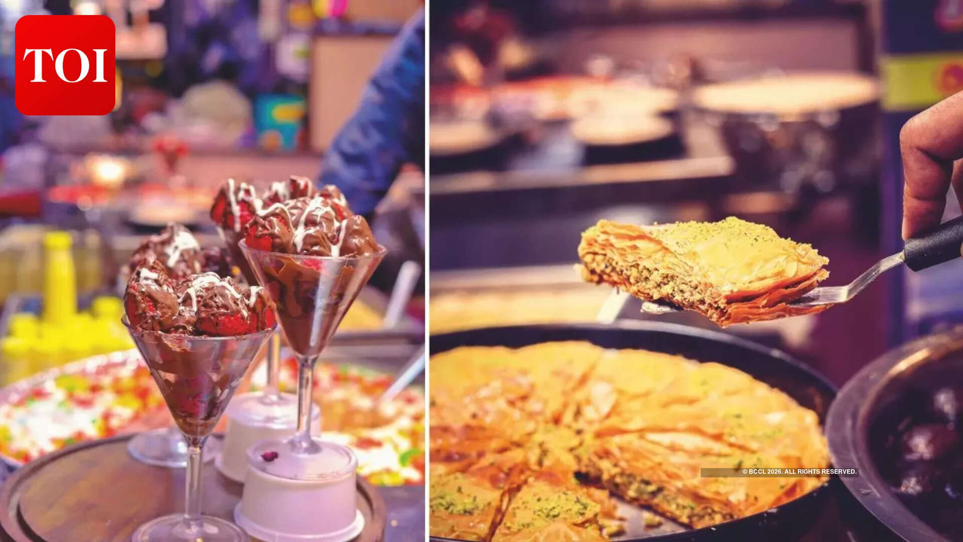 Strawberries with chocolate (L) and baklava (R )