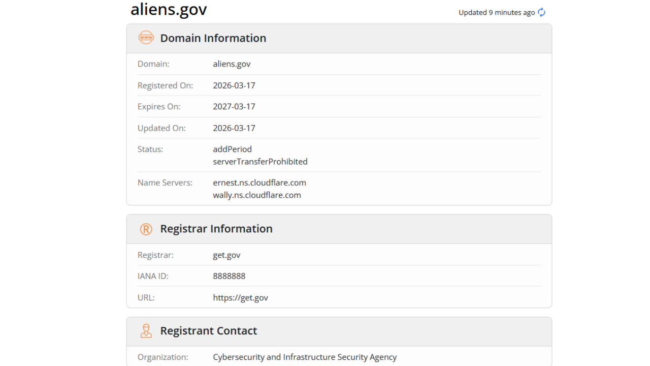 The 'aliens. gov' domain registration