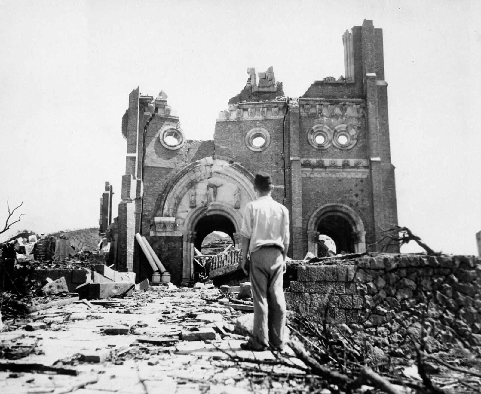 FILE - In this Sept. 13, 1945, file photo, the Urakami Catholic Cathedral in Nagasaki, Japan, stands waste in the aftermath of the detonation of the atom bomb over a month ago over this city. (AP Photo/Stanley Troutman, Pool, File) Shigeaki Mori, Hiroshima atomic bomb survivor and historian embraced by Obama, dies at 88