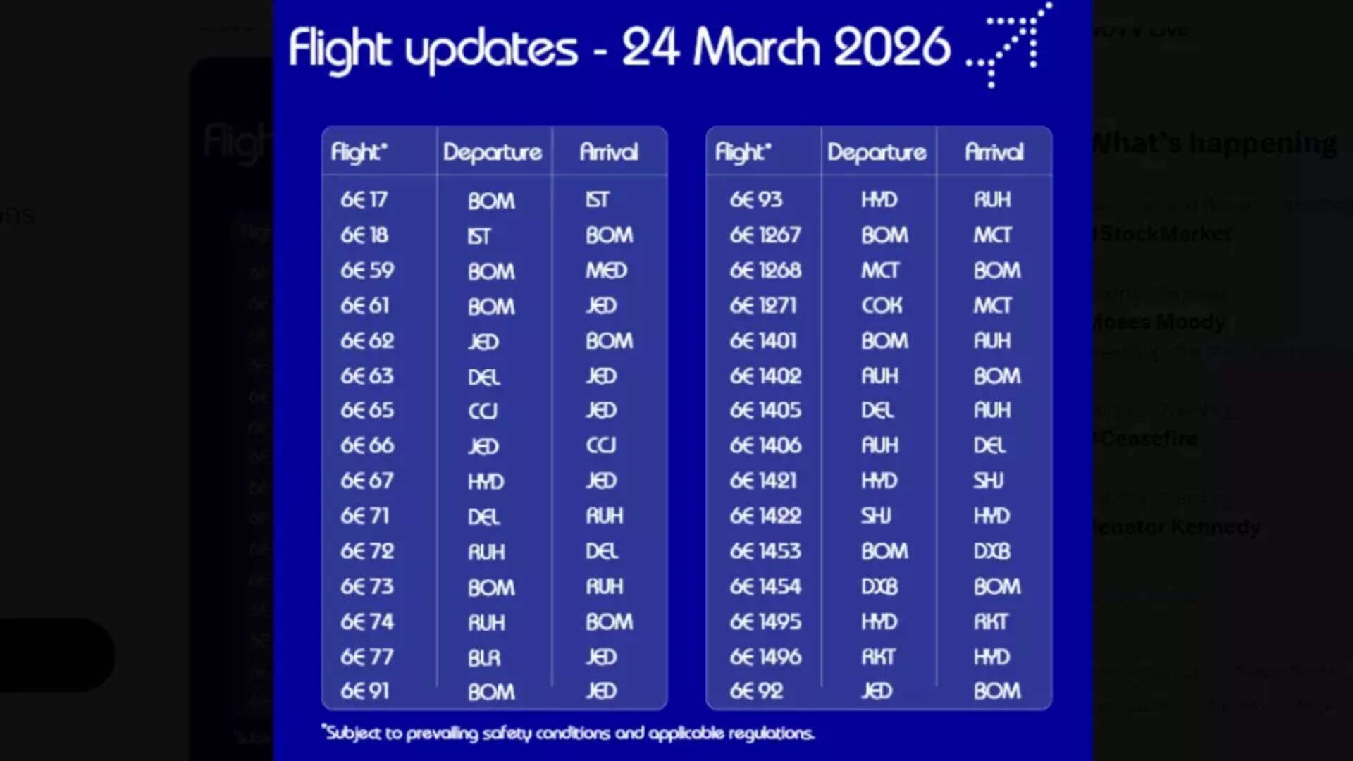 IndiGo flight schedule for March 24, 2026