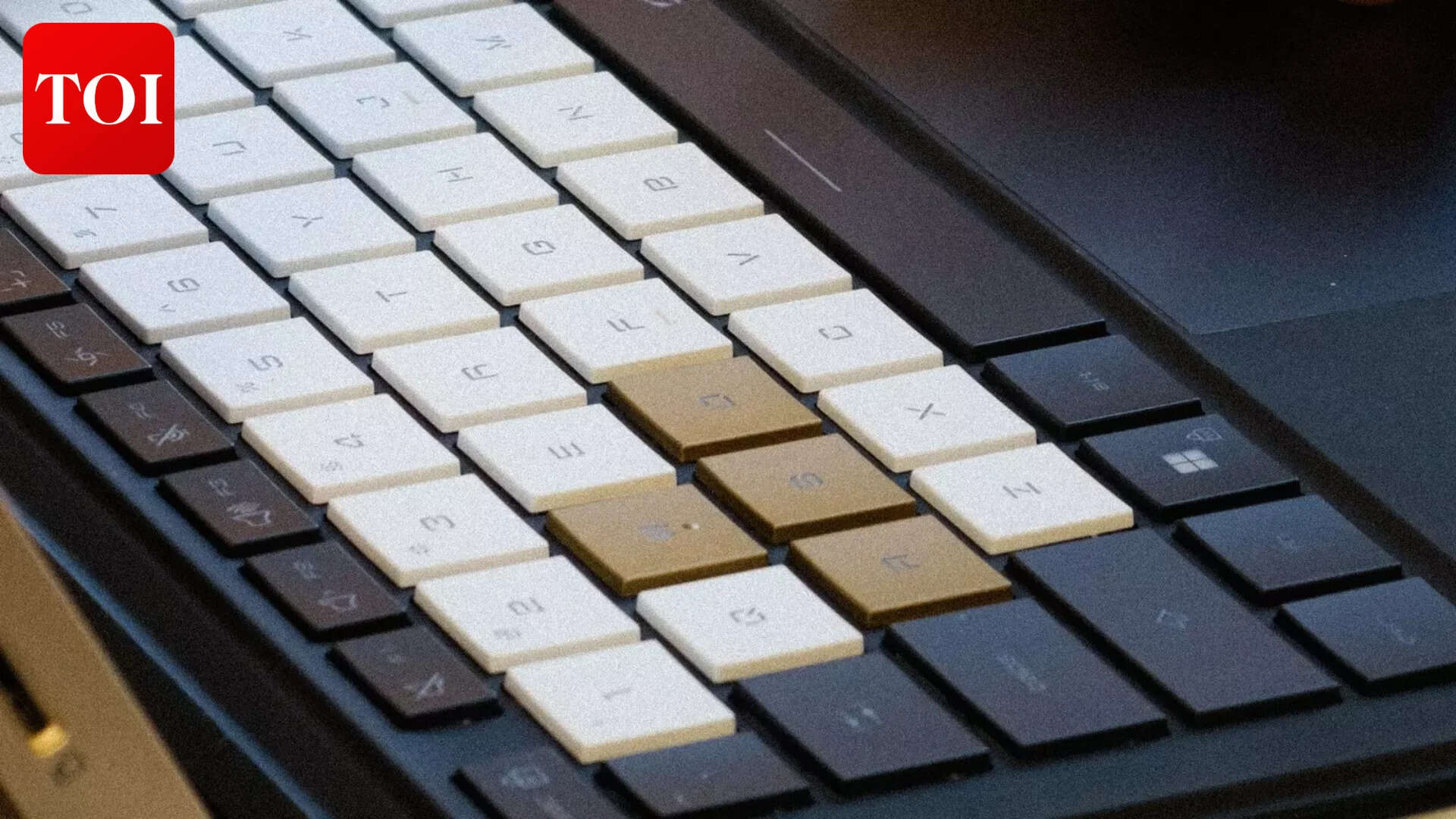 The gold WASD keys in detail. The stencil typeface does a lot of quiet work.