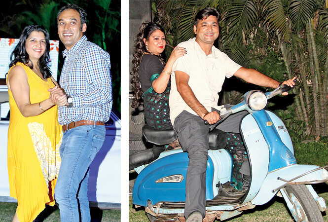 (L) Jyotshna Habibullah and Satyam Sahay (R) Faryal and Faisal Razzaqui riding on a 1967 model Lambretta scooter