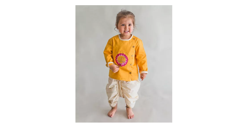 Krishna Lotus Feet Embroidered Full Sleeves Kurta & Dhoti Set