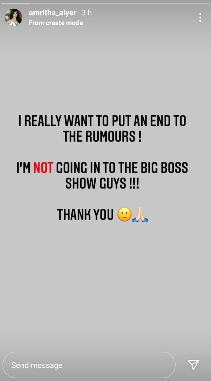 Bigg Boss Tamil 4 - Actress Amritha Aiyer reacts to speculations about taking part in the show