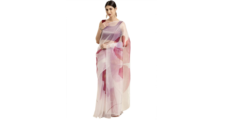 Womanista Organza Floral Print Saree with Blouse Piece(WM1312_ Off White & Pink_ Onesize)