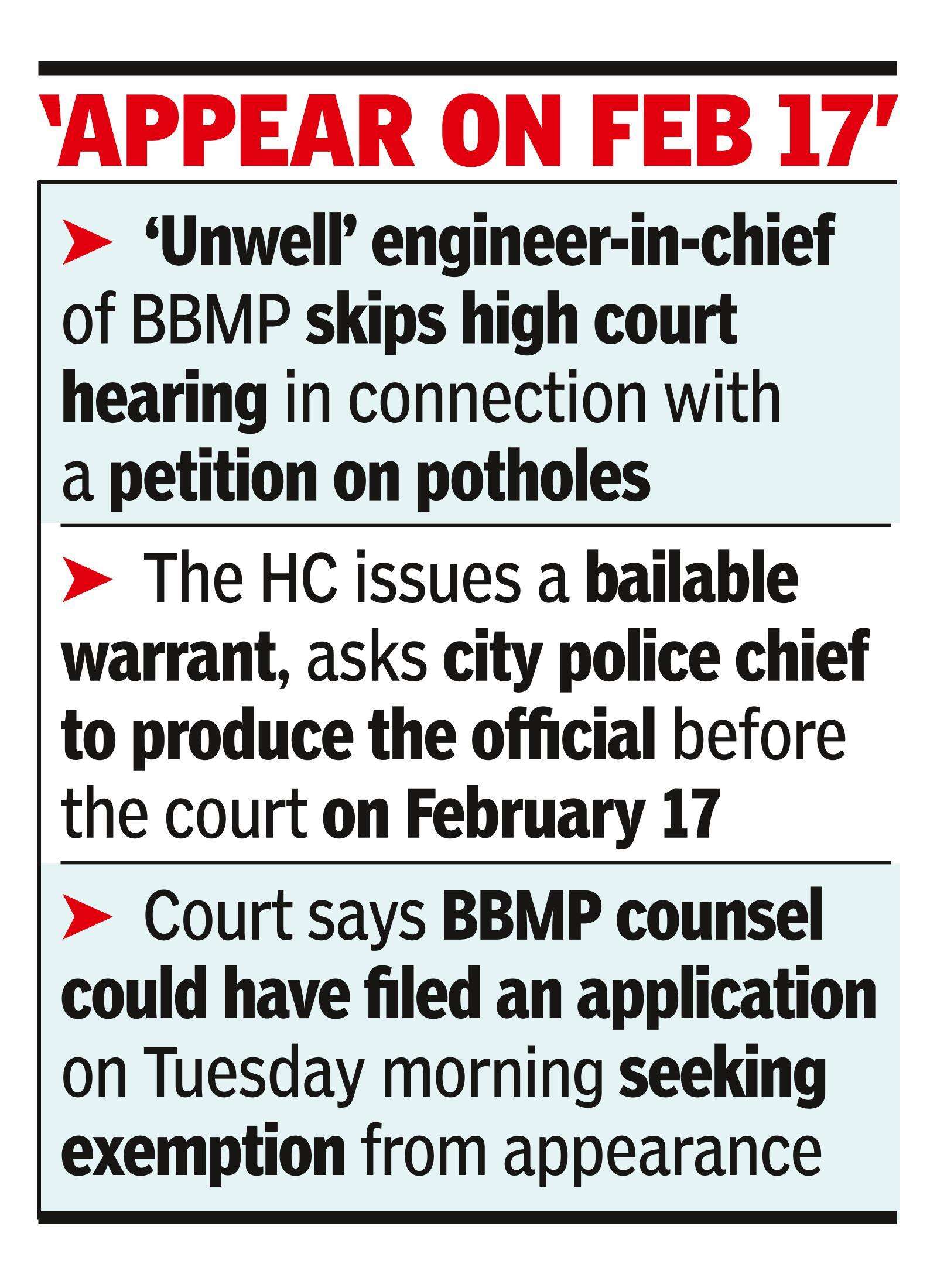 Potholes: HC warrant against BBMP chief engr