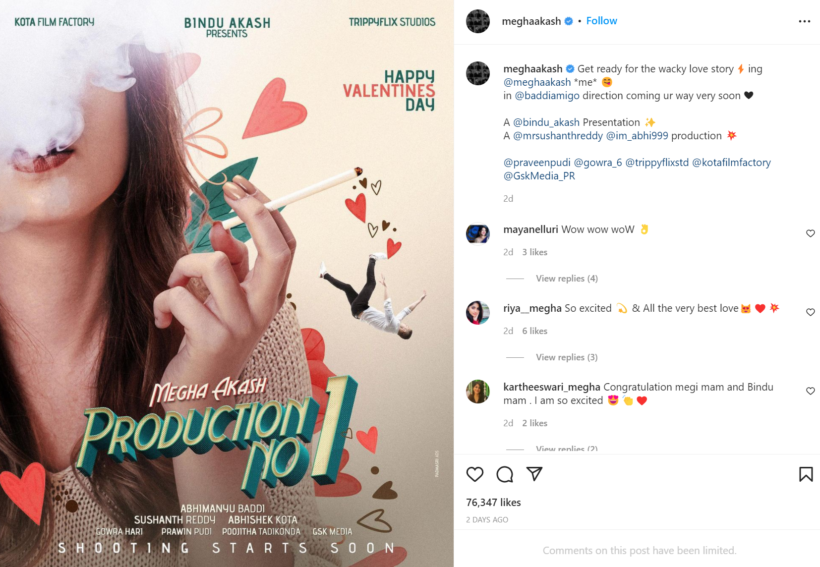 Megha Akash's Instagram post