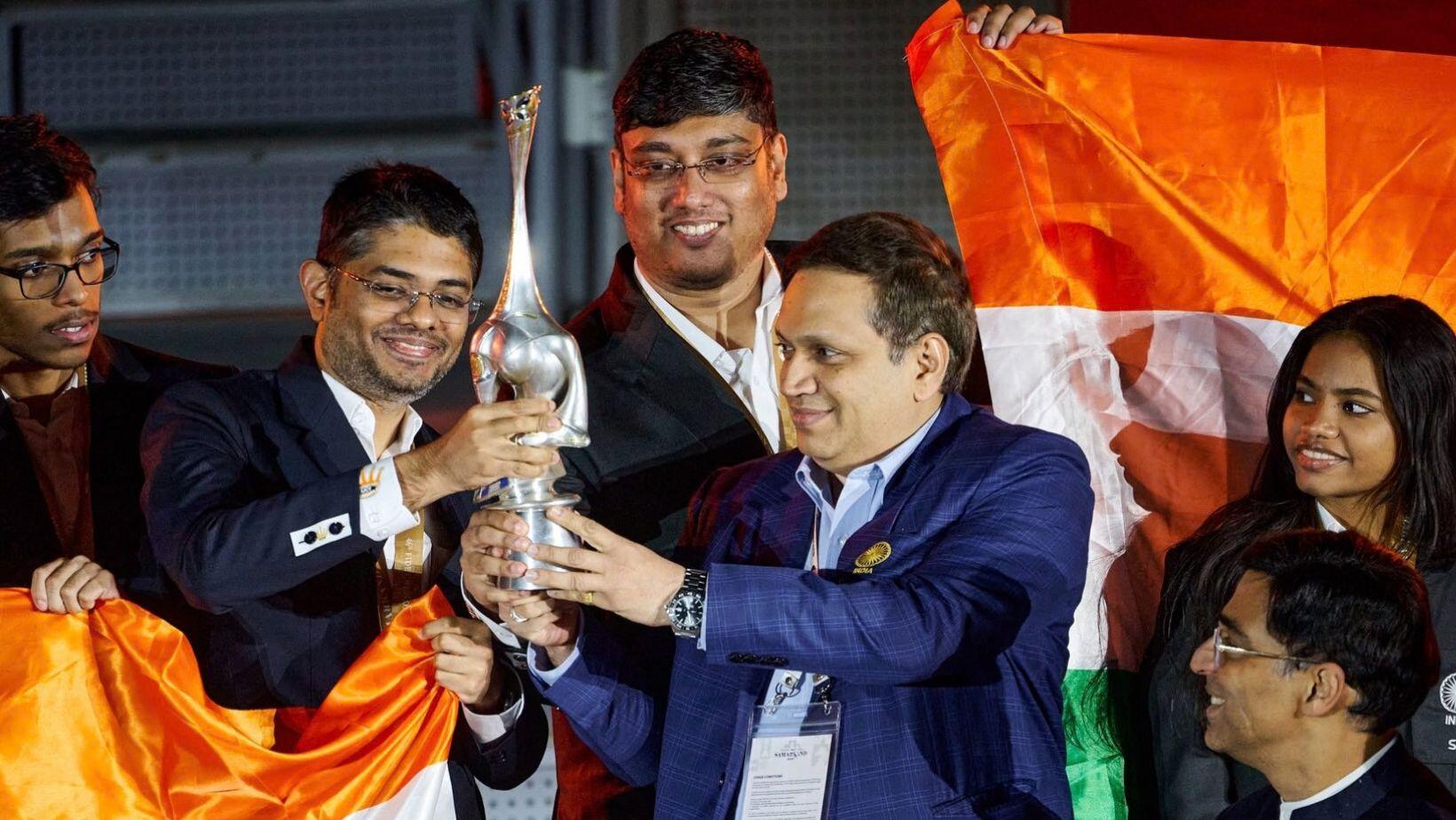 Captain Swayams Mishra with the teams at 2026 Chess Olympiad (FIDE Photo)
