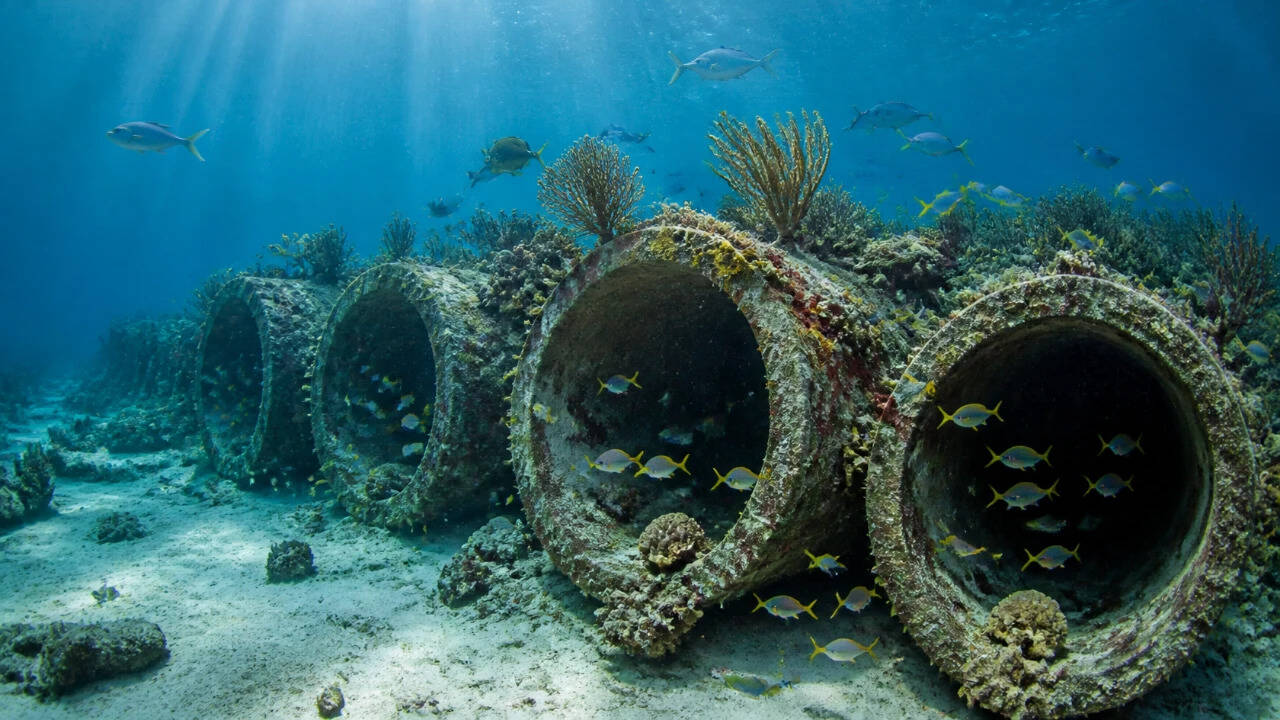 artificial reef developing over large weathered concrete pipes resting on the ocean floor