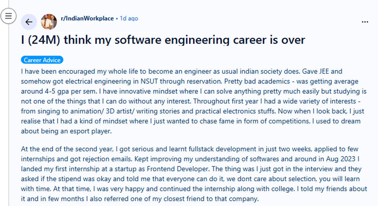 24-year-old NSUT student says software engineering career is over after degree setback