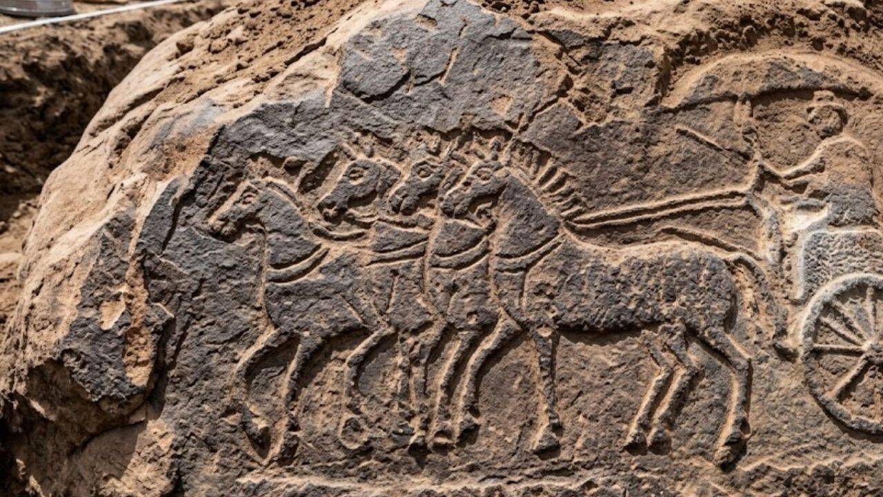 Where was the rare four-horse chariot carving discovered