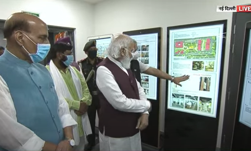 Prime Minister Narendra Modi and Union defence minister Rajnath Singh take a look at the newly inaugurated complexes in Delhi on Thursday.