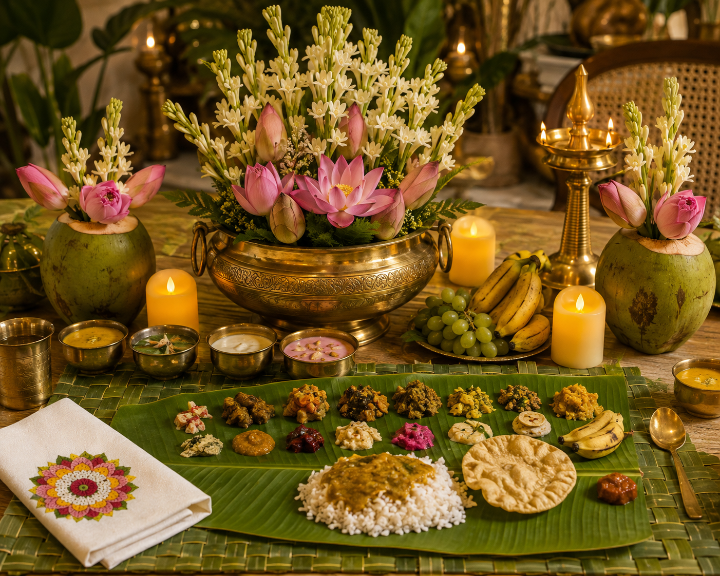 For an Onam detail, add a Pookalam-inspired motif to the napkins