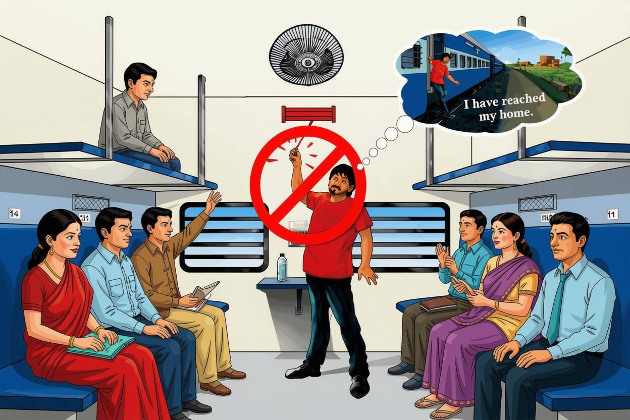 ഇന്ത്യൻ ട്രെയിനിൽ എമർജൻസി ചെയിൻ വലിക്കുന്ന മനുഷ്യൻ