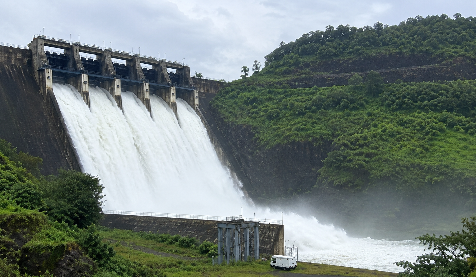 Water discharged from the Middle Vaitarna dam flows into Modak Sagar, one of the seven lakes that supply drinking water to Mumbai<br>